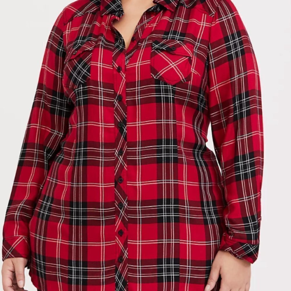 Torrid Taylor Red & Black Plaid Twill Button Front Slim Fit Tunic Shirt Babydoll
